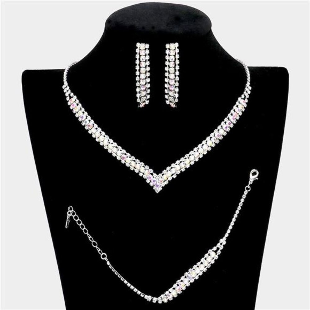 3 Piece Round Stone Detail Rhinestone Necklace Jewelry Set